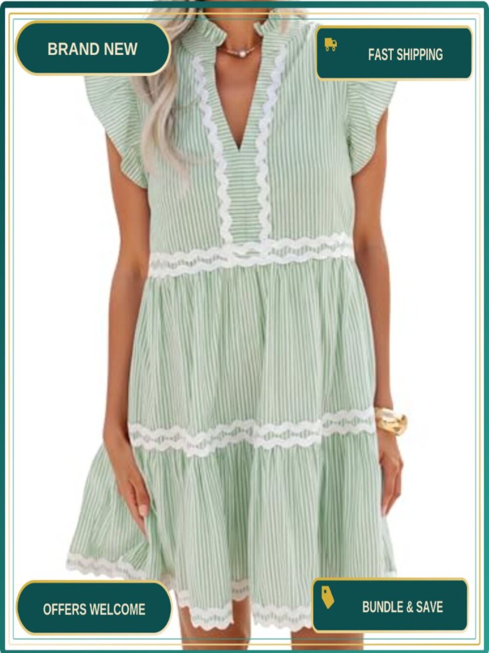 Women's Striped Mini Sundress Flutter Sleeve V-Neck Flowy Beach Vacation Dress